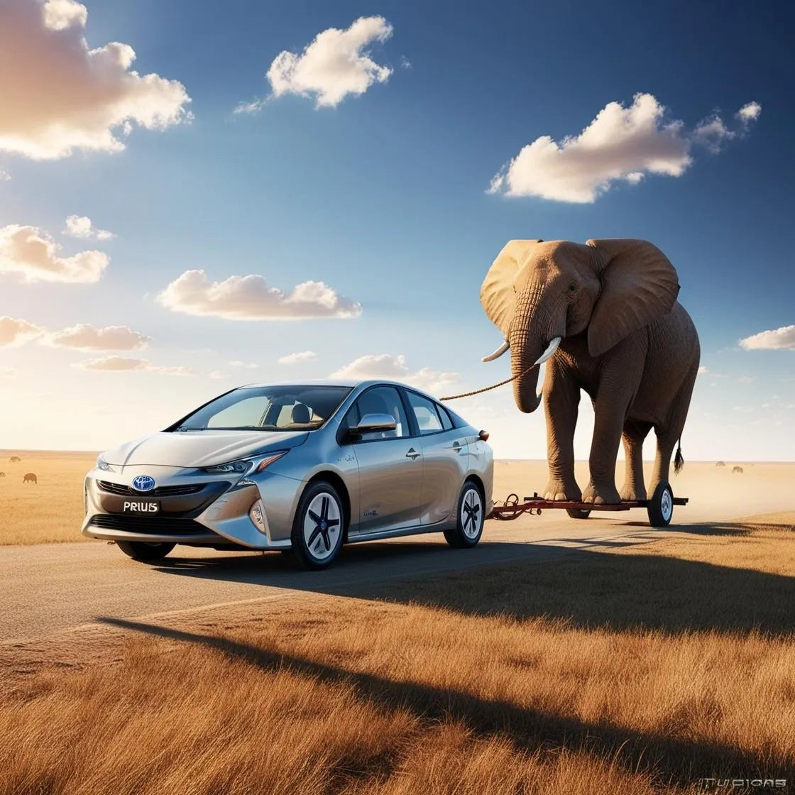 A prius with a Prius Offroad lift kit and hitch is pulling a trailer with an elephant on it.