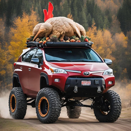 An AI generated image of a highly lifted prius offraod prius with a giant turkey dinner on the roof rack